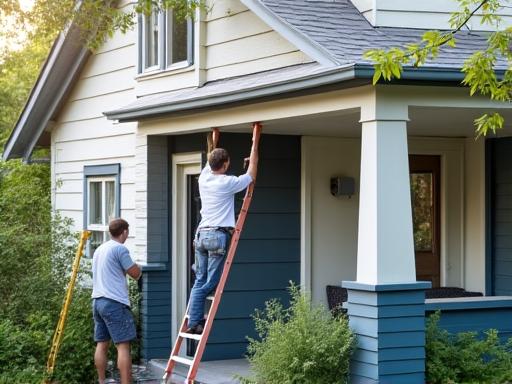 A house exterior being professionally painted.